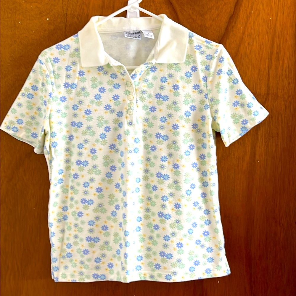 🌞 Kim Rogers vintage white floral design polo shirt short sleeve women size S
